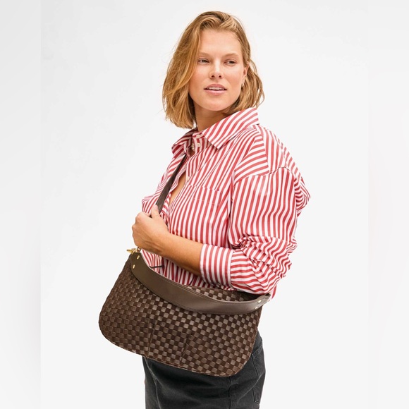 NWT Clare V Moyen Messenger Mahogany Nappa & Suede Woven Checker - Picture 2 of 9